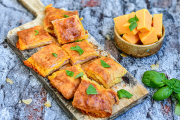 Home made Hot pockets with ham and cheddar cheese. Ketogenic  gluten free Turnover filled  with edam and prosciutto.