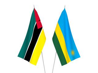 National fabric flags of Republic of Rwanda and Republic of Mozambique isolated on white background. 3d rendering illustration.