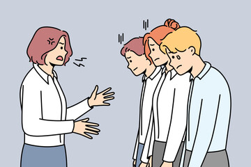 Furious businesswoman scream and scold stressed employees at workplace. Angry authoritarian female boss shout and lecture unhappy workers. Vector illustration. 