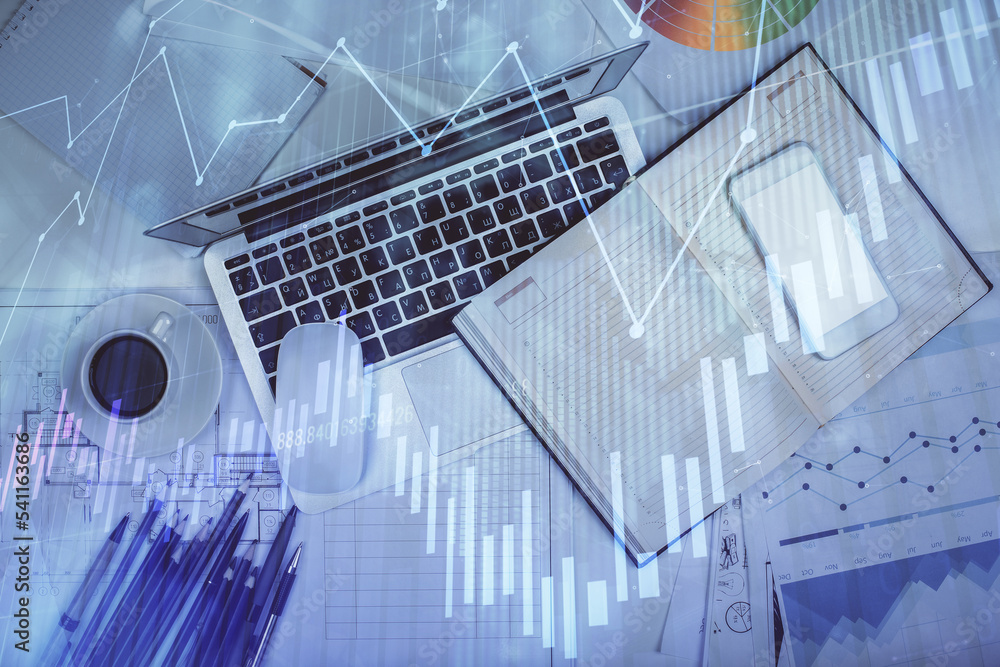 Aufkleber Multi exposure of forex chart drawing over table background with computer. Concept of financial research and analysis. Top view.