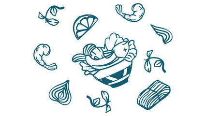 drawing illustration of seafood ingredients. fish, shrimp, vegetable, lime, onion, meat.