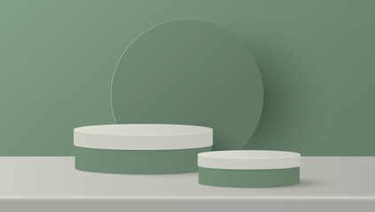 Paper cut of minimal scene with white and green cylinder podium on green background. Product presentation, mock up, show cosmetic. Vector illustration