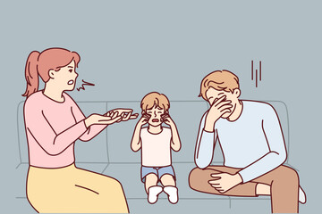 Naklejka na ściany i meble Unhappy kid crying because of parents arguing and fighting. Upset distressed child suffer from mother and father quarrelling. Vector illustration. 