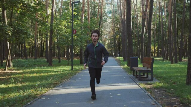 Slow motion athletic man with curly hair wearing sport jacket running on road in park on bright sunny morning. Tracking shot of runner training outside. Concept of healthy lifestyle