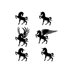 A set of horse,pegasus,unicorn vector illustrations for icons,symbols or logos. horse silhouette. Pegasus flat logo 