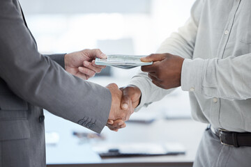 Hands, bribe and handshake, money or dollars for illegal deals, lending loan or investment. Shaking hands, bribery or cash exchange, money laundering or corruption, deposit or financial payment.