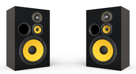 Hi-fi speakers with loudspeakers for sound recording studio on white background.