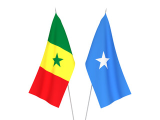 National fabric flags of Somalia and Republic of Senegal isolated on white background. 3d rendering illustration.