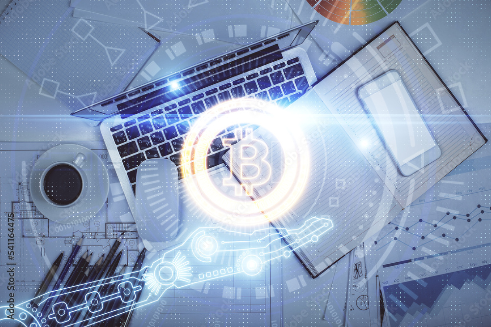 Aufkleber blockchain theme hologram drawings over computer on the desktop background. top view. multi exposure