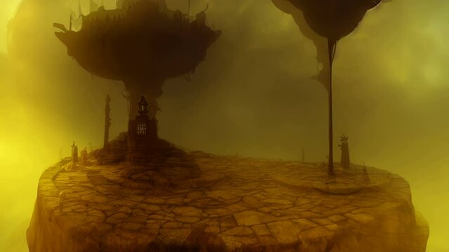 Generative AI animation of surreal painting of magic landscapes with houses,lanterns and clouds. Digital image painted dark fairytale fantasy in impressionism style.