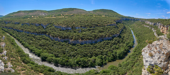 Ebro river canyon, which is formed by rocky walls that can reach a height of up to 200 meters. View from a viewpoint near of Pesquera del Ebro town, in Burgos (spain)
