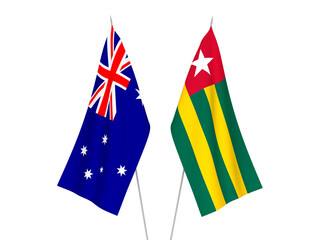 National fabric flags of Australia and Togolese Republic isolated on white background. 3d rendering illustration.