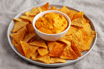 Cheese dip with tortilla chips, low angle view.
