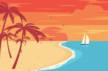 Fototapeta na wymiar Sunset on tropical beach with palm tree. Sun on evening sea.