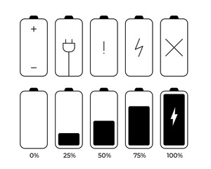 Battery icon set. Charge indicator sign collection for mobile phone 