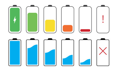 Colorful battery icon set. Charge indicator sign collection for mobile phone 