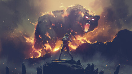 Mann mit einem Flammenwerfer, der mit einem Dämonenbären kämpft, digitaler Kunststil, Illustrationsmalerei