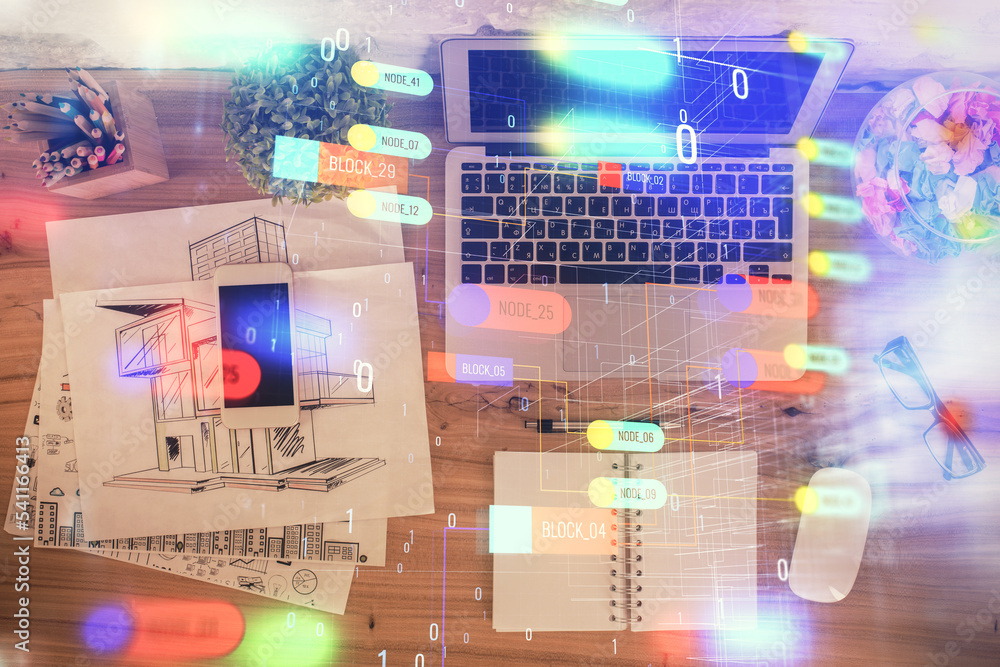 Poster double exposure of data theme drawing hologram over topview work table background with computer. con