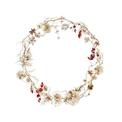 Watercolor floral frame. Hand painted wreath of dried forest leaves, fllowers, branches, red berries, fern. Botanical border for card design, print.