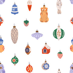 Seamless Christmas pattern with baubles in retro style. Vintage Xmas ornament background. New Year toys repeating print design. Colored flat vector illustration for fabric, wrapping, decoration