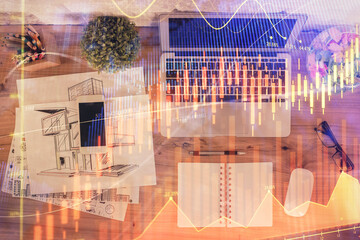 Multi exposure of financial chart drawing over table background with computer. Concept of research. Top view.