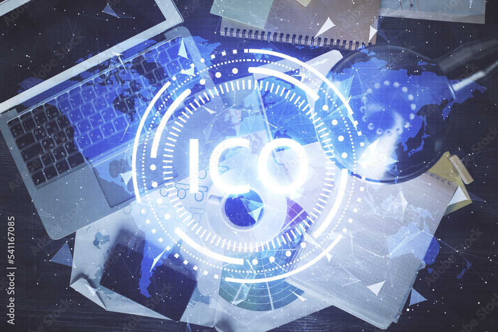 Aufkleber Blockchain theme hologram drawings over computer on the desktop background. Top view. Double exposure.