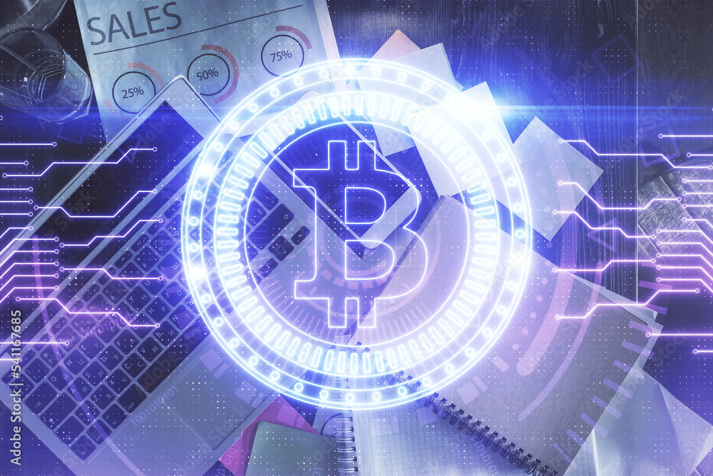 Poster Blockchain theme hologram drawings over computer on the desktop background. Top view. Double exposure.