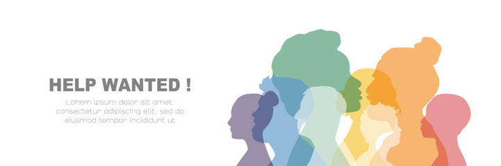 Help wanted banner. Different people stand side by side together. Card with place for text.