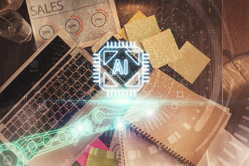Multi exposure of data theme drawing hologram over topview work desk background with computer. Concept of technology.