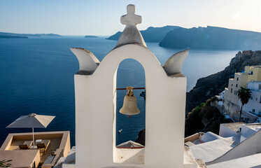 Bell tower at a Greek Orthodox church in Oia town on Santorini island