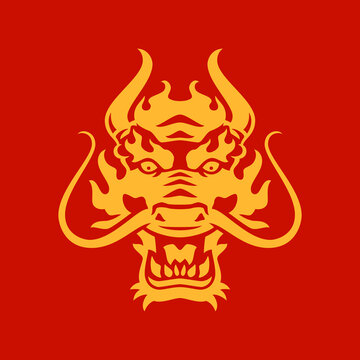 Golden dragon with mustache head muzzle Chinese New Year prosperity monochrome icon vector flat