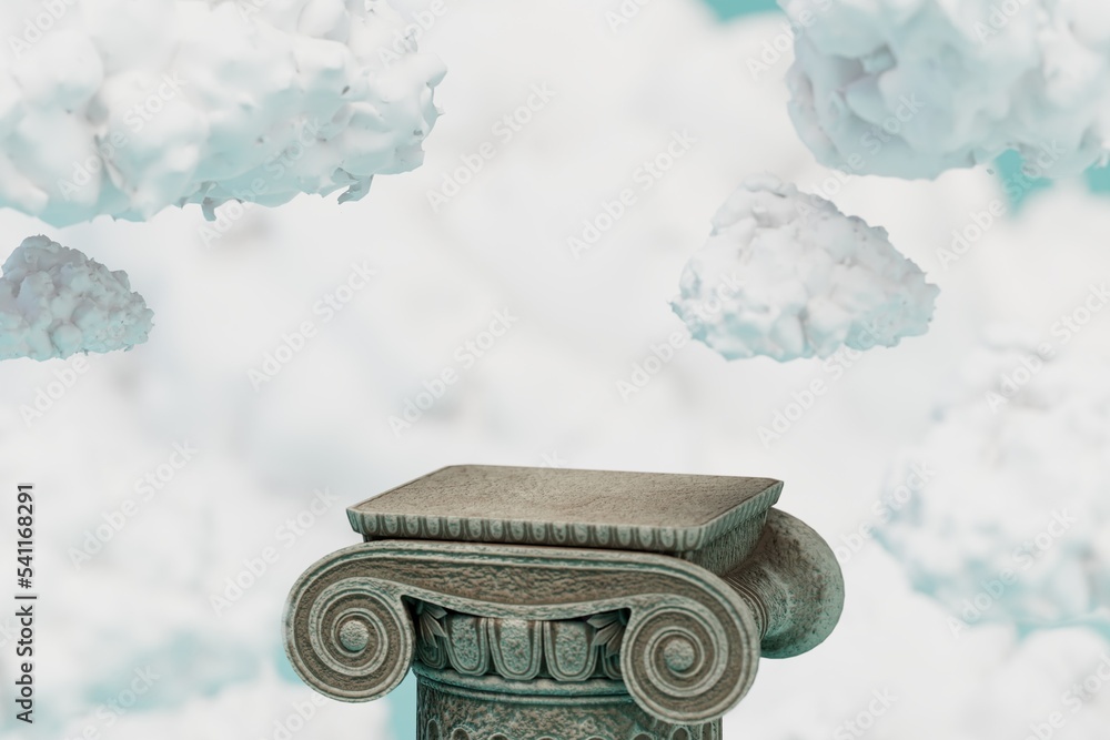 Poster beautiful column for placing goods against the background of white clouds. copy paste. 3d render