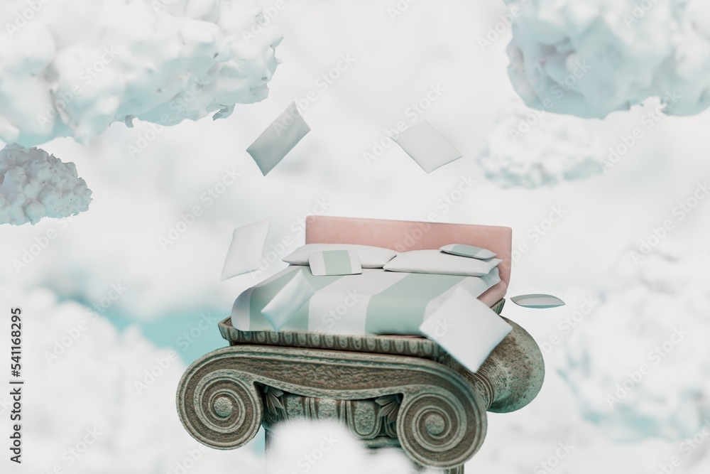 Poster a large bed with flying pillows on a beautiful column against a background of white clouds. 3d rende