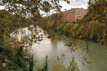 Autumn in Rome, Italy, river Tyber, colorful foliage 