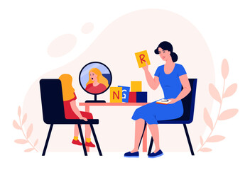 Speech therapist appointment. Child practicing sounds pronunciation. Speech disorder, development delay. Pediatrician in the kindergarten.  Stutter, speech correction, tongue exercises. Flat vector.