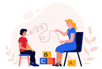 Speech therapist and a kid.  Woman teaching boy correct speech. Child doing tongue exercises.  Speech correction. Speech disorder, development delay. Pediatrician in the kindergarten, school. Vector.