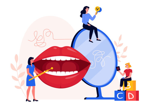 Speech therapy concept. Child practicing sounds with a therapist. Tongue exercise. Speech disorder, delay. Banner, advertisement, landing. Flat vector illustration.