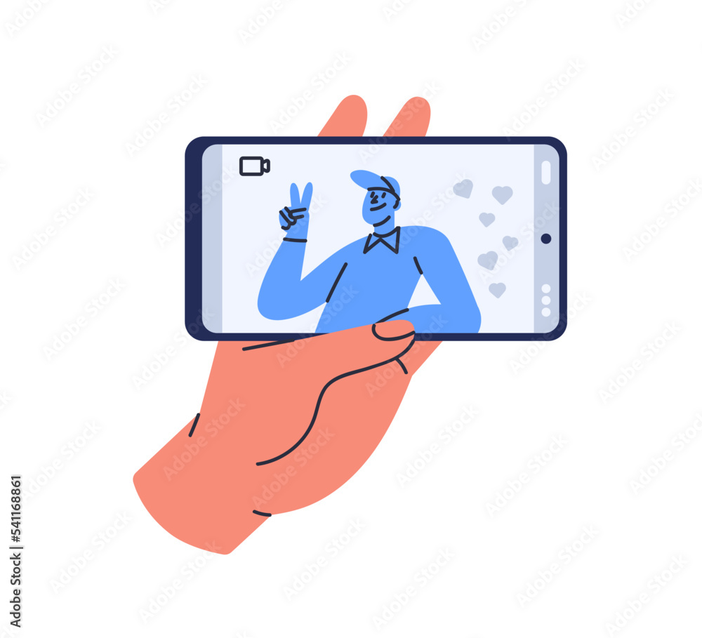 Poster video call via mobile phone. hand holding smartphone with videocall app on horizontal screen. online