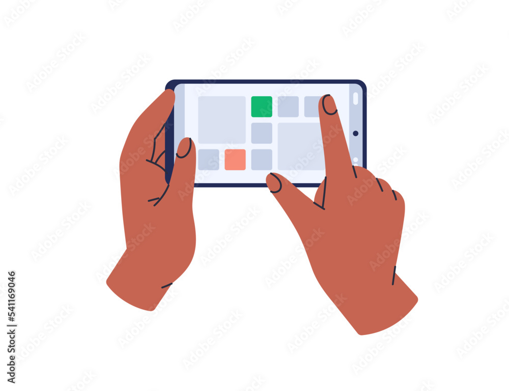 Poster hands holding phone, touching screen, using mobile app. finger clicking, tapping on smartphone, hori