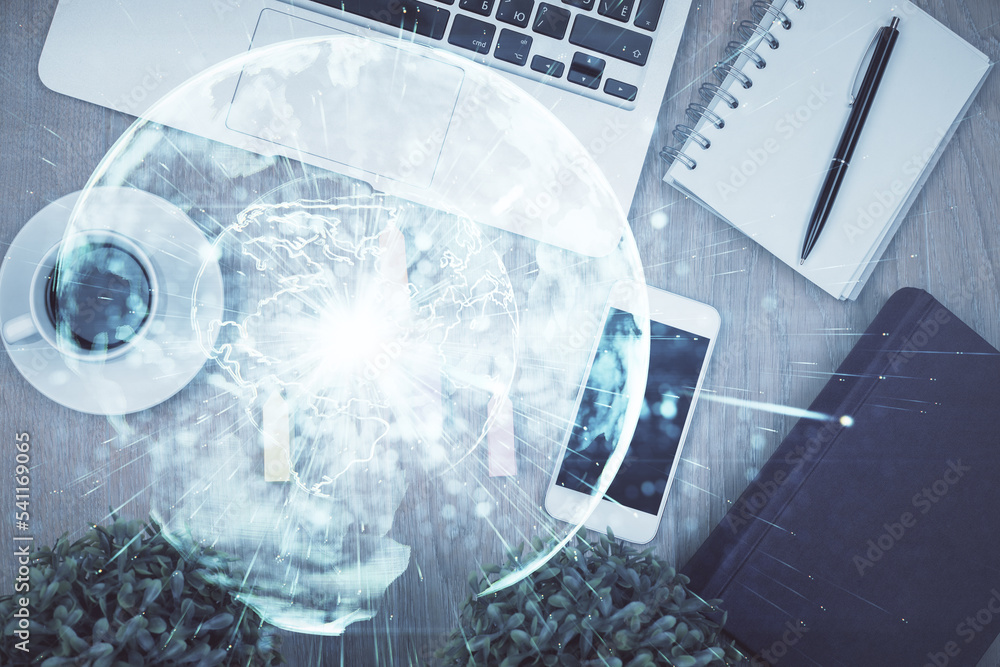 Poster double exposure of business theme hologram over desktop with phone. top view. mobile international t