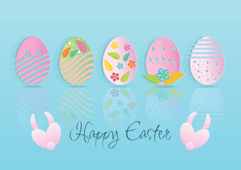 Easter eggs banner paper cut and patterns reflection on blue background.