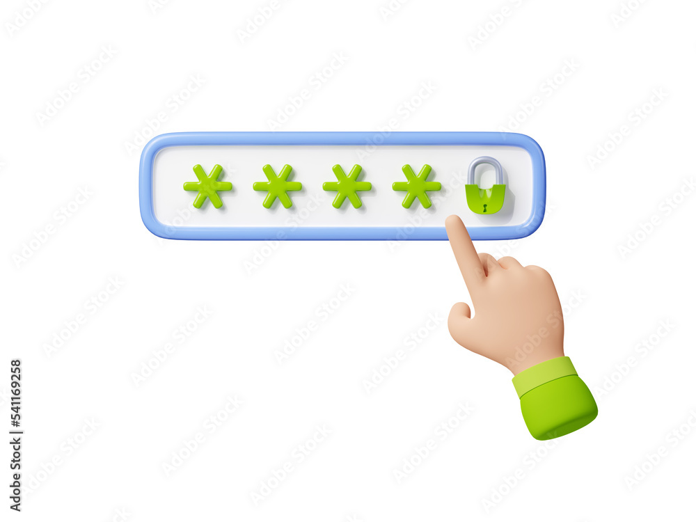 Poster 3d illustration of hand cursor pointing at green password bar with lock icon. symbol of security pro