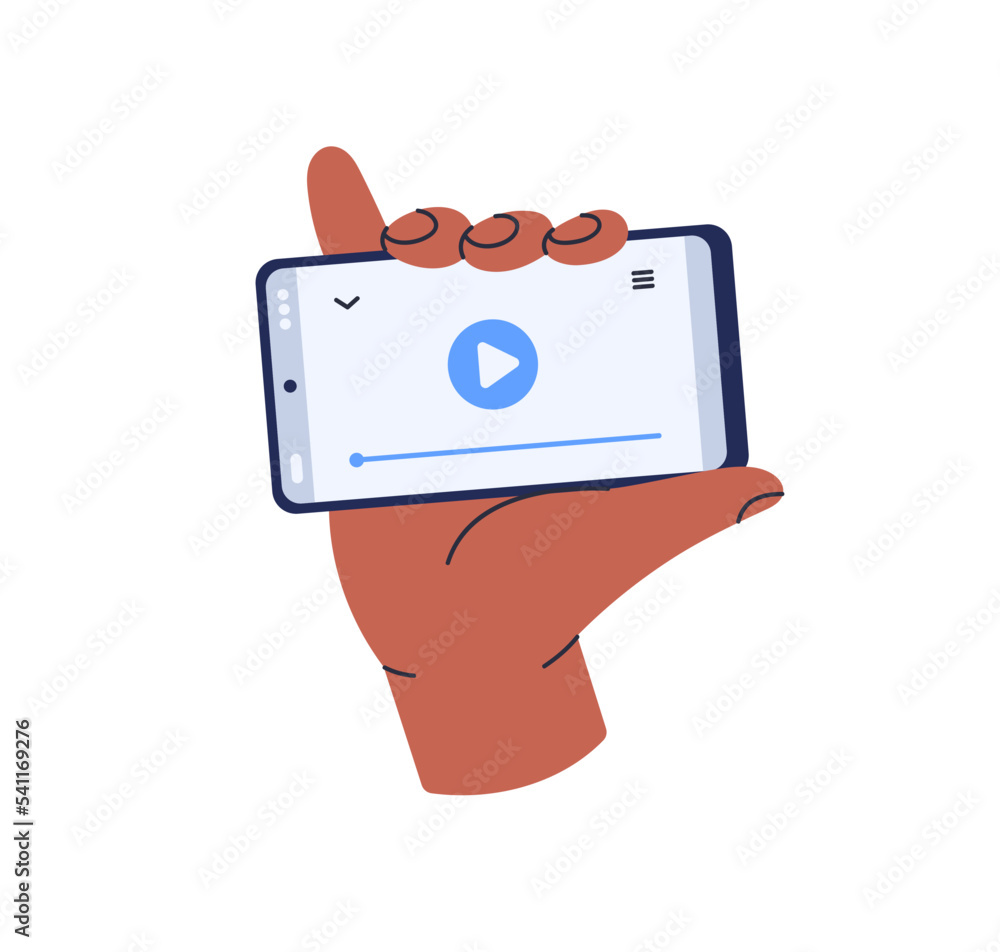 Poster hand holding mobile phone, using video application for watching movie. playing film online on horizo