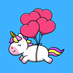 Cute Unicorn Floating With Heart Balloon Cartoon Vector Icons Illustration. Flat Cartoon Concept. Suitable for any creative project.