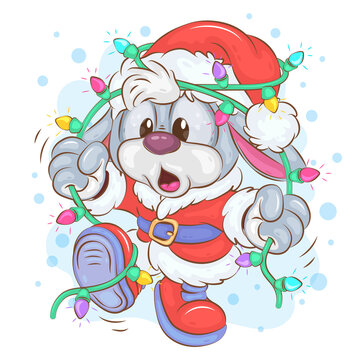 Christmas Bunny and Garland. Christmas illustration of a cartoon bunny dressed as Santa Claus who is tangled in a garland.