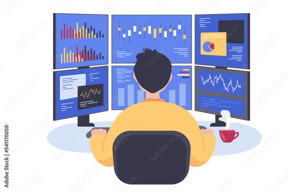 Poster stock trader sitting at multiple computer screen. male broker sitting at desk in office, looking at 