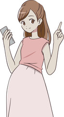スマートフォンを持ち、人差し指を立てる妊婦