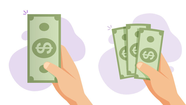 Money cash hand giving icon vector illustrated, isolate paper dollar banknote paying graphic, currency change or exchange amount idea, person with salary or wages, pocket spending money image