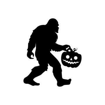 Halloween Yeti. Big Foot with pumpkin. Halloween party template for home decoration, laser cut, crafting. Vector illustration