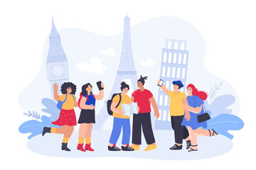 Fototapeta premium Tourists taking selfie and using map flat vector illustration. Happy men and women or couples taking photo on phone or camera in background of famous landmarks. Travel, tour, Europe, tourism concept
